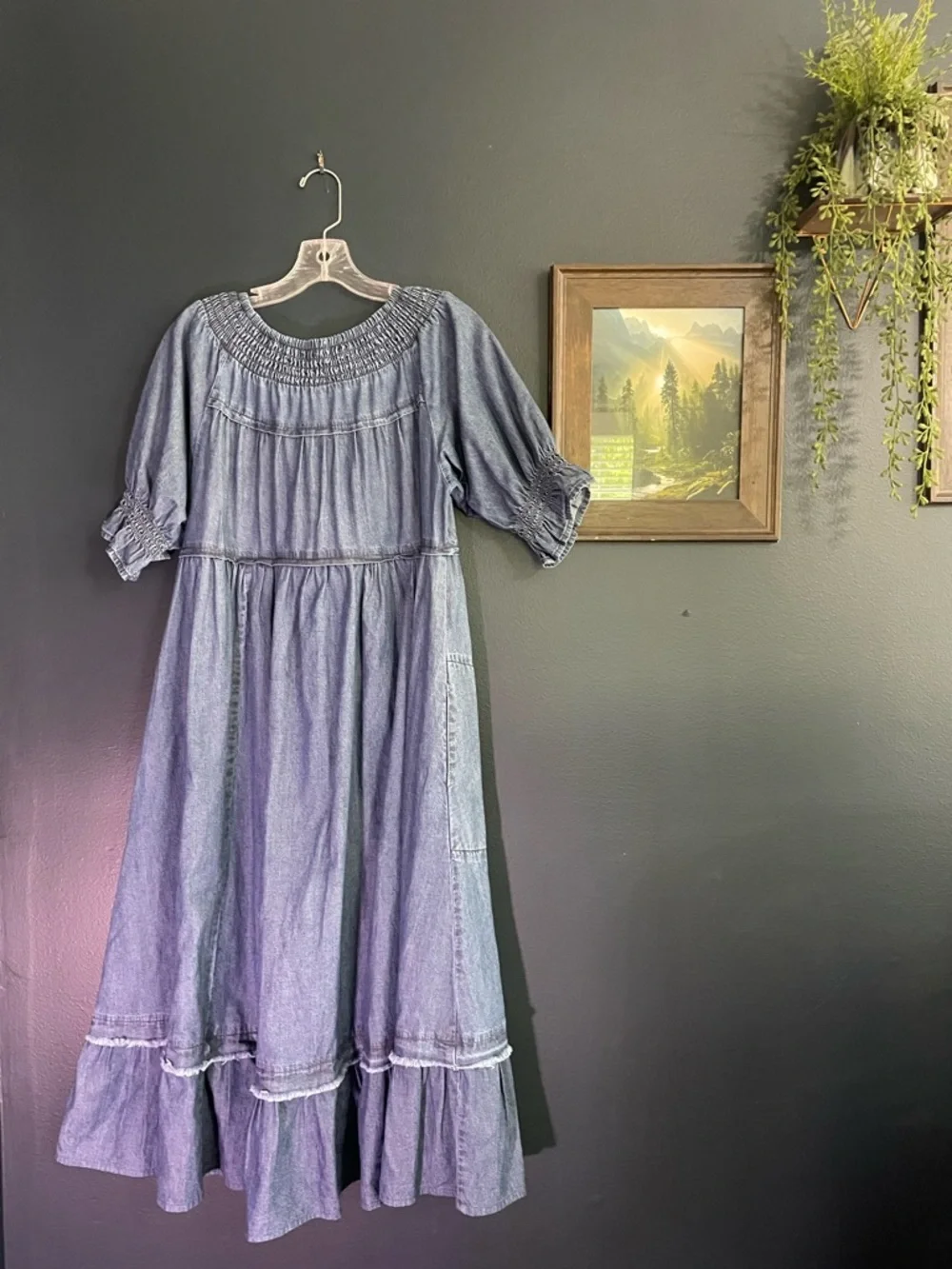 Free People One and Only Denim Dress Dark Denim Boho Ruffle Dress - Picture 6 of 6